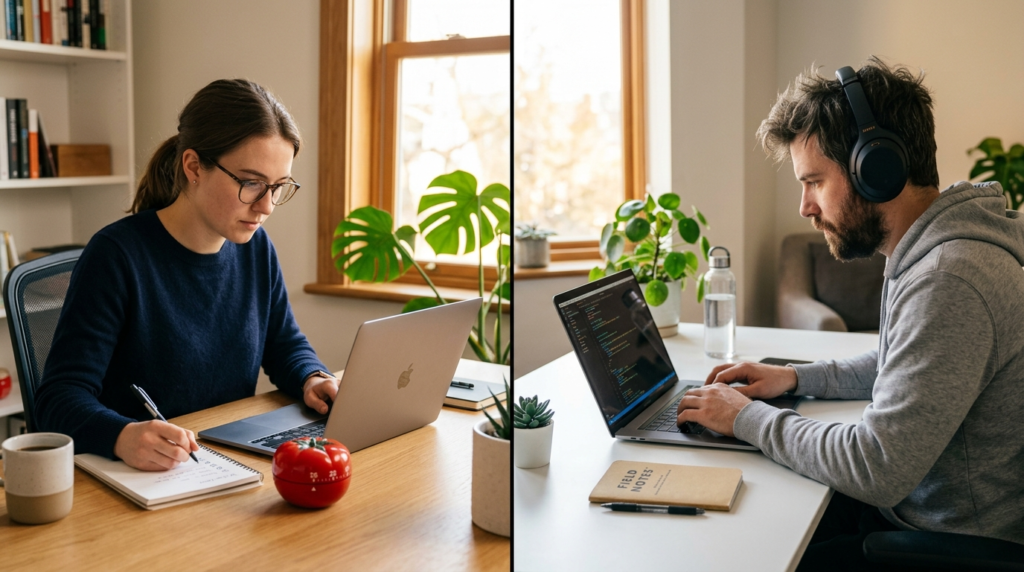 flowtime technique vs pomodoro comparison showing two focus methods for deep work productivity