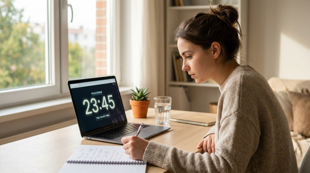free online timer for studying — student at minimal desk with countdown timer on laptop screen"