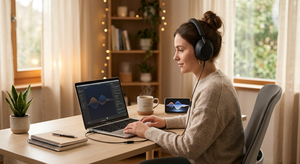Brown noise vs white noise deep focus workspace with headphones