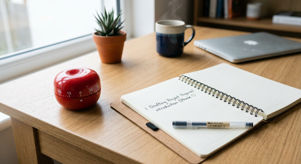 "Pomodoro technique for time anxiety — structured focus session with timer and single task"