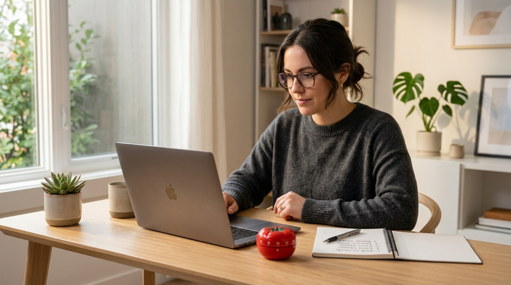 pomodoro technique guide showing a focused professional using a timer for deep work at a clean modern desk
