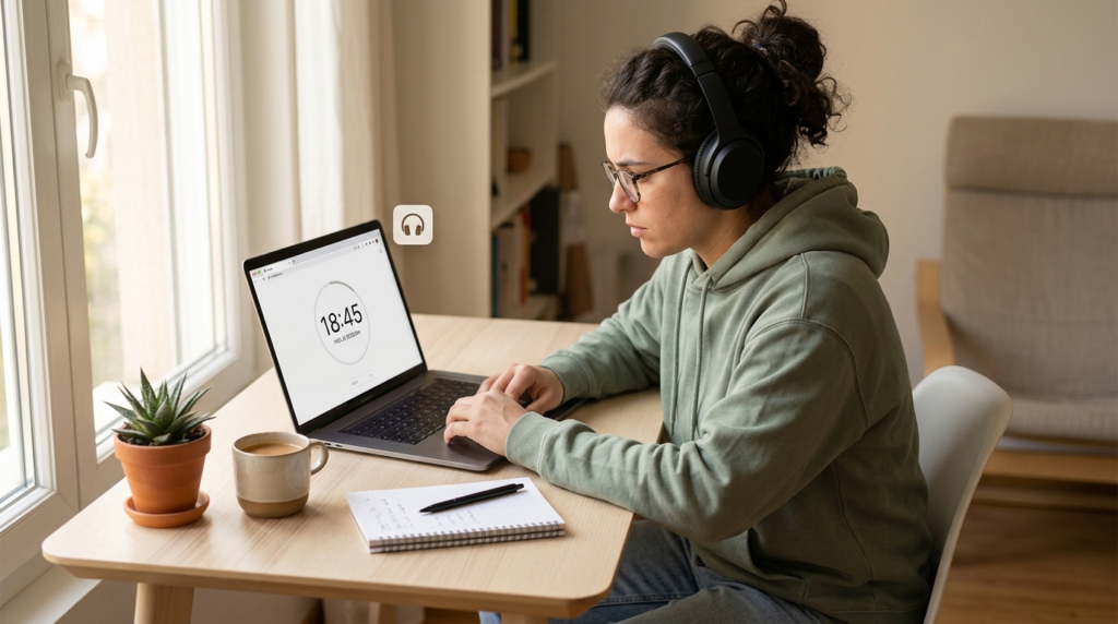 best pomodoro timer for adhd showing a focused student using a countdown timer at a clean desk