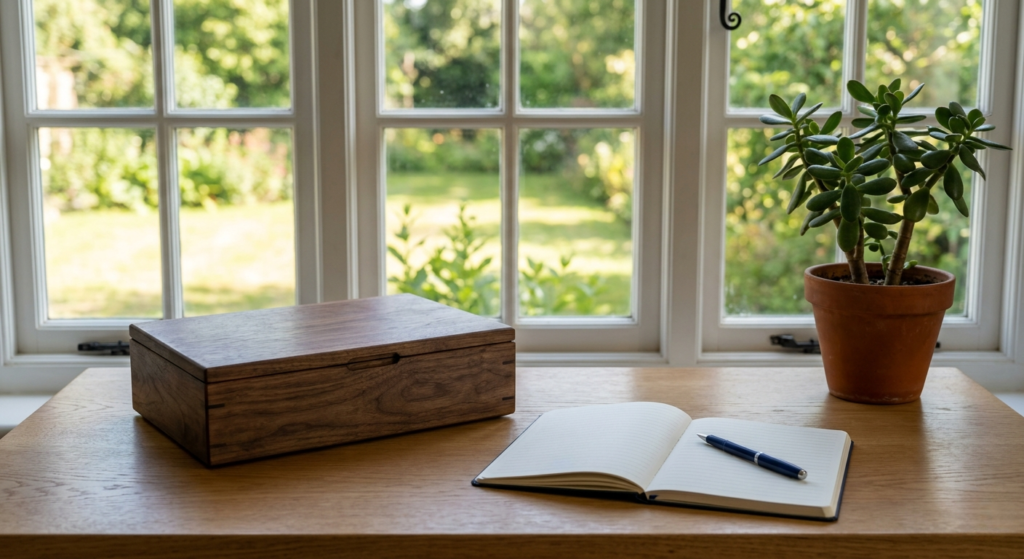 dopamine detox clean desk with phone away and paper journal